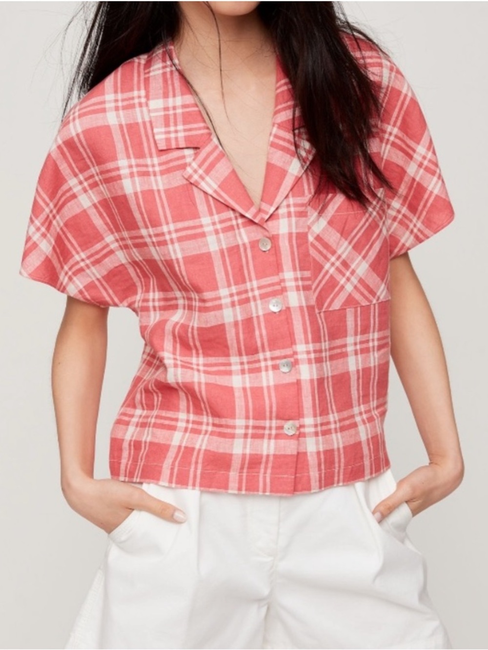 NEW Wilfred Free 100% Linen Shawna Blouse Front Button Down Plaid Shirt Small